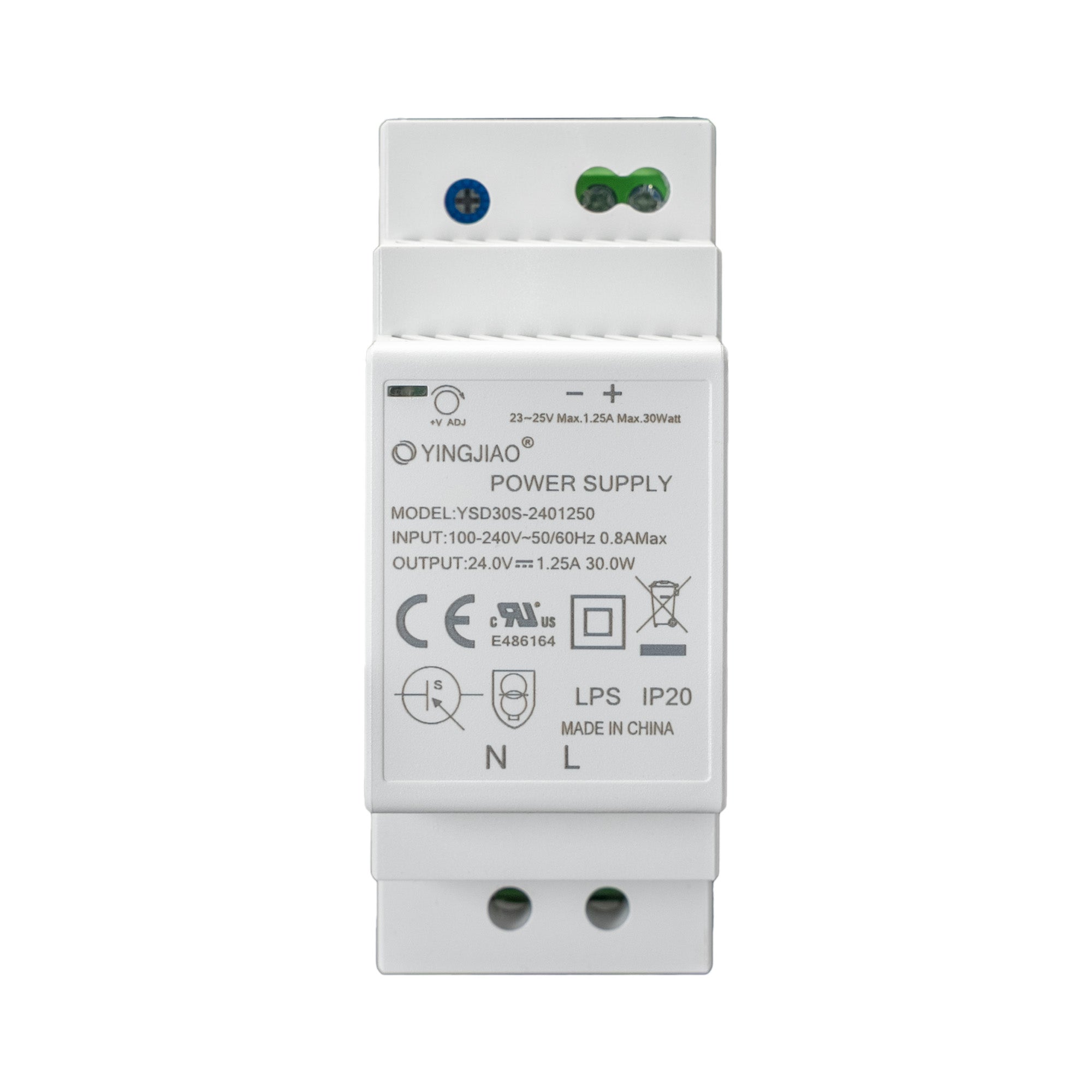 Front perspective of white DIN rail-mounted power supply with adjustment dials and specs label.