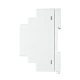Side perspective of white DIN rail-mounted power supply with blank sides on a white background.