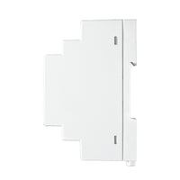Side perspective of white DIN rail-mounted power supply with blank sides on a white background.