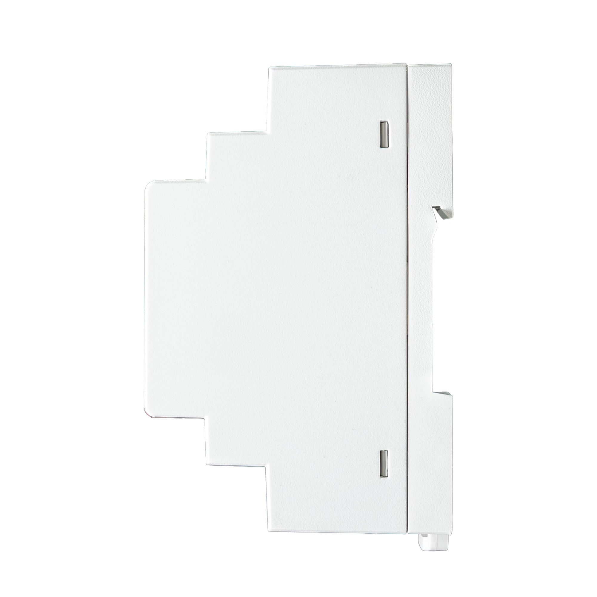 Side perspective of white DIN rail-mounted power supply with blank sides on a white background.