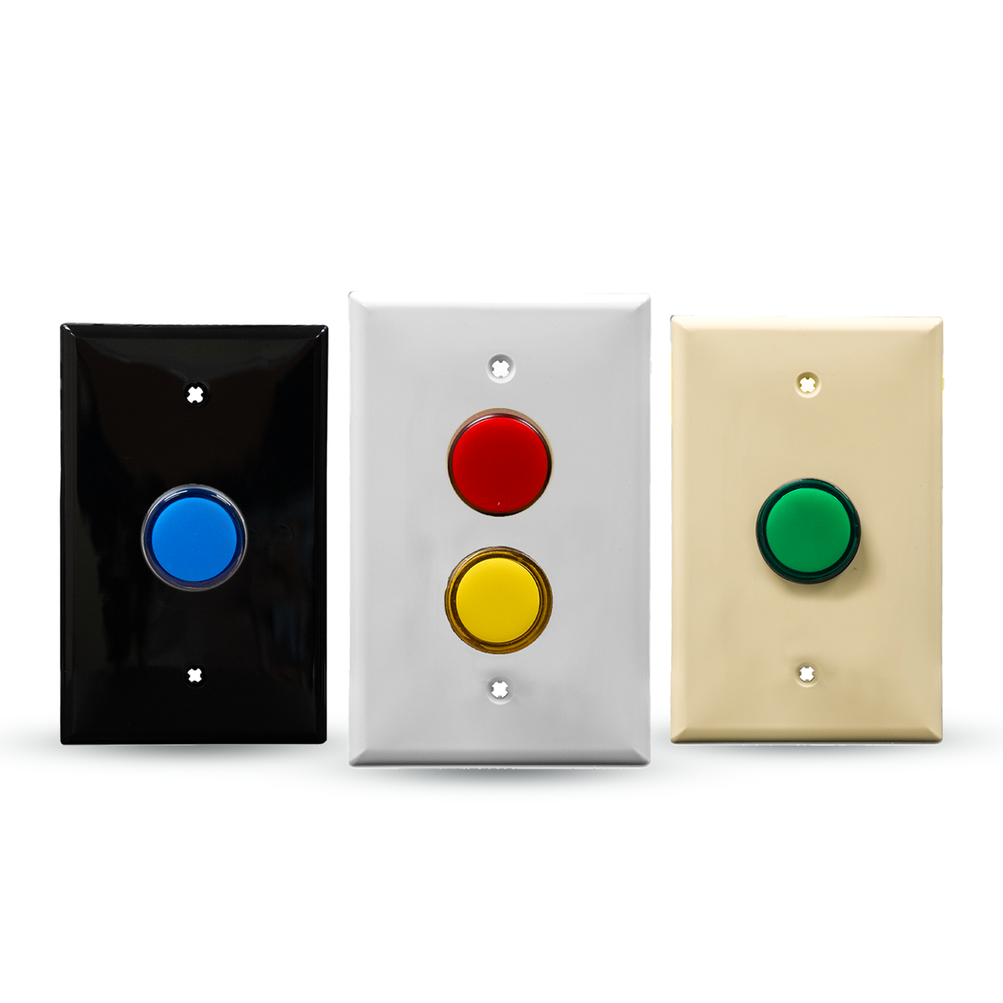 A collection of two and one push button wall plates on a white background