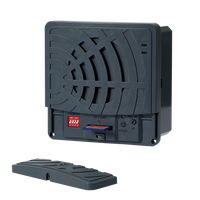 Black electronic device with vented pattern and memory card slot on a white background.