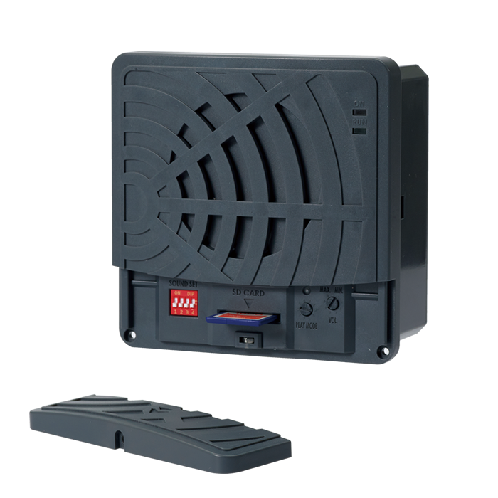 Black electronic device with vented pattern and memory card slot on a white background.