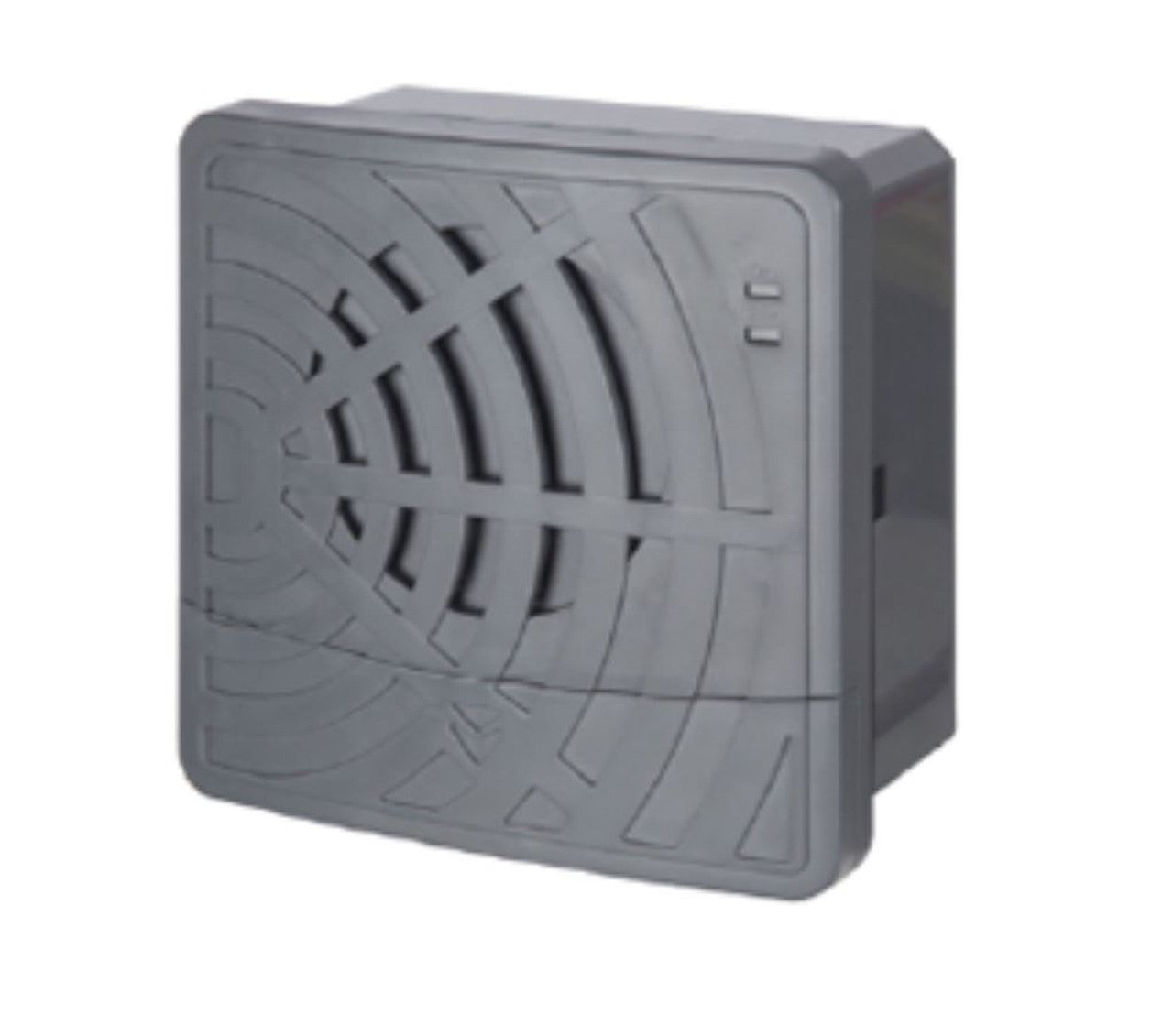 Black electronic device with vented pattern and removable cover on a white background.