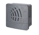 Black electronic device with vented pattern and removable cover on a white background.