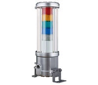 An explosion proof LED tower light with a multicolored lens (red at the top, amber, green, blue, white at the bottom) and a silver aluminum housing.