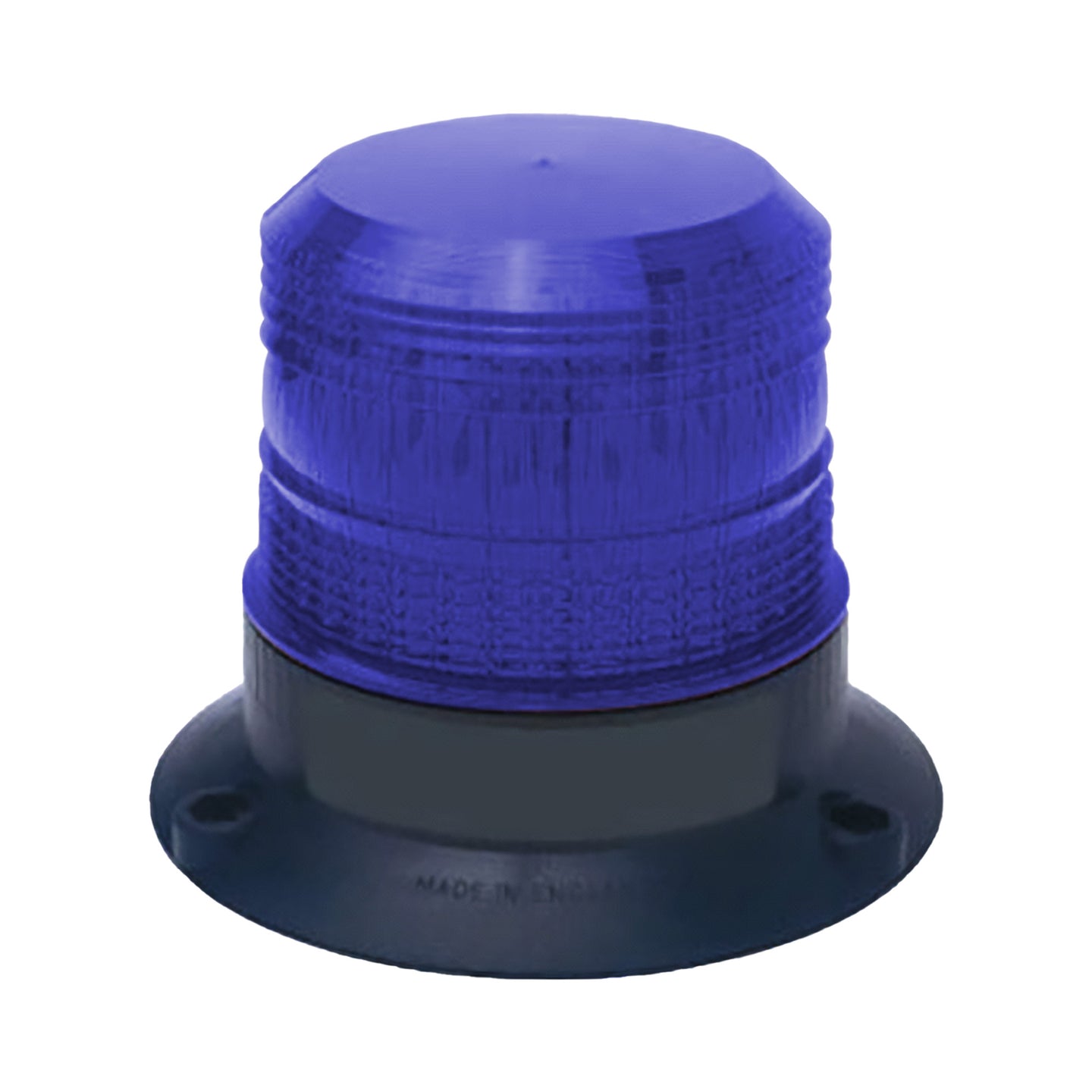 Blue xenon strobe with black base on a white background.