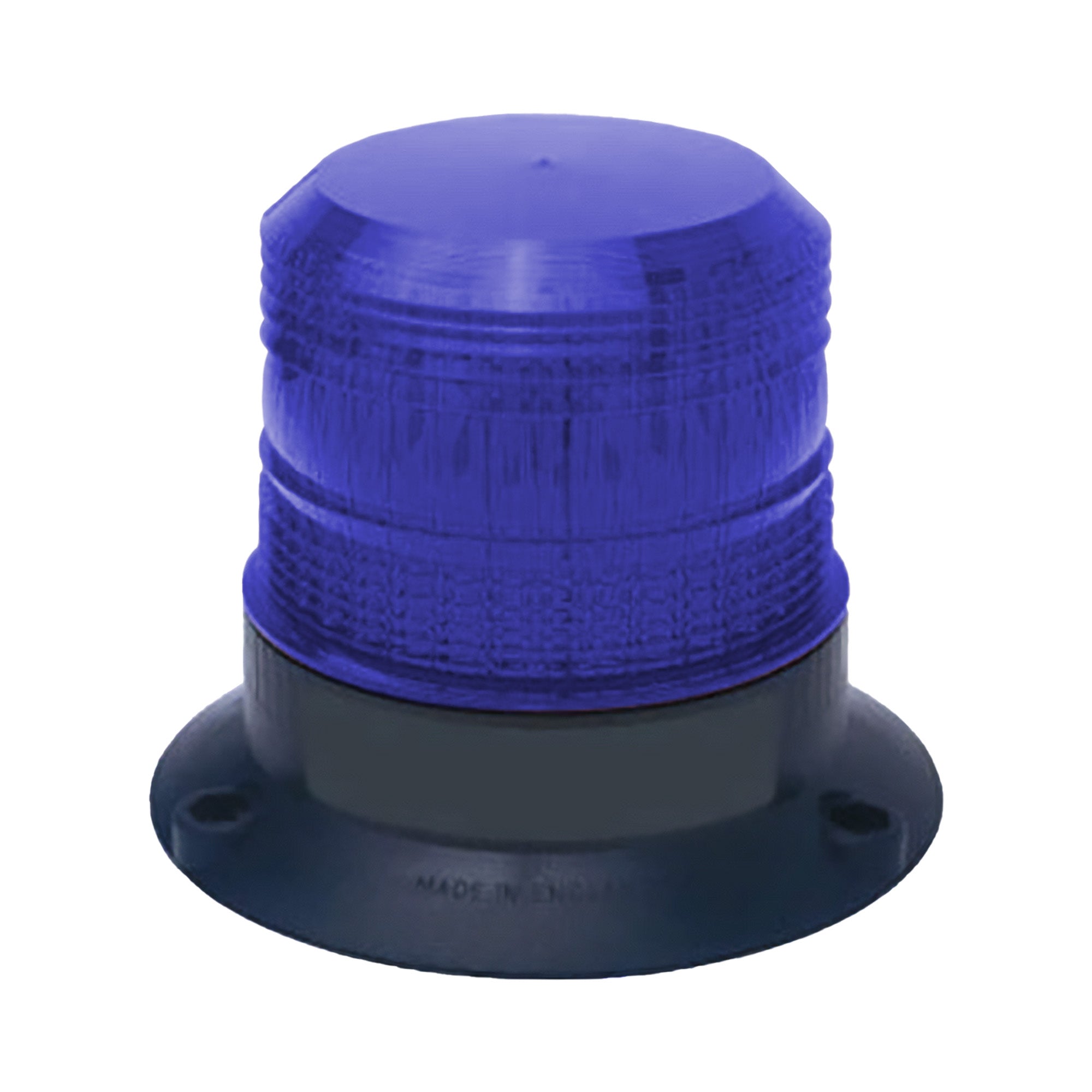 Blue xenon strobe with black base on a white background.