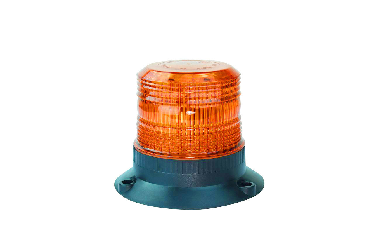 A large LED strobe light with an circular amber lens designed for industrial signaling with a black base.