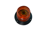 A large LED strobe light with a circular amber lens designed for industrial signaling with a black base.