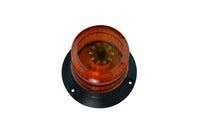 A large LED strobe light with a circular amber lens designed for industrial signaling with a black base.