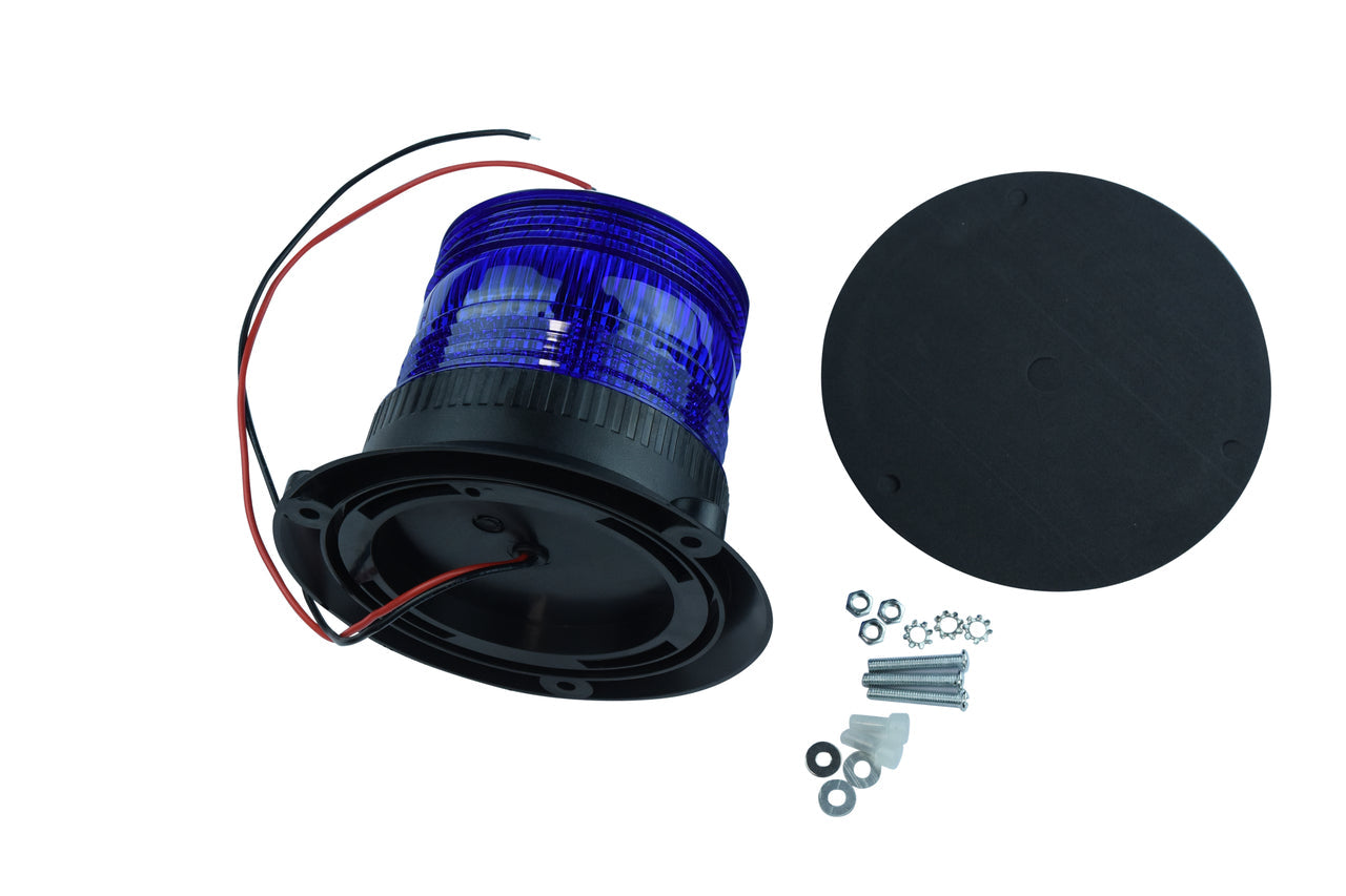A large LED strobe light with a circular blue lens designed for industrial signaling with a black base and mounting hardware on a white background.