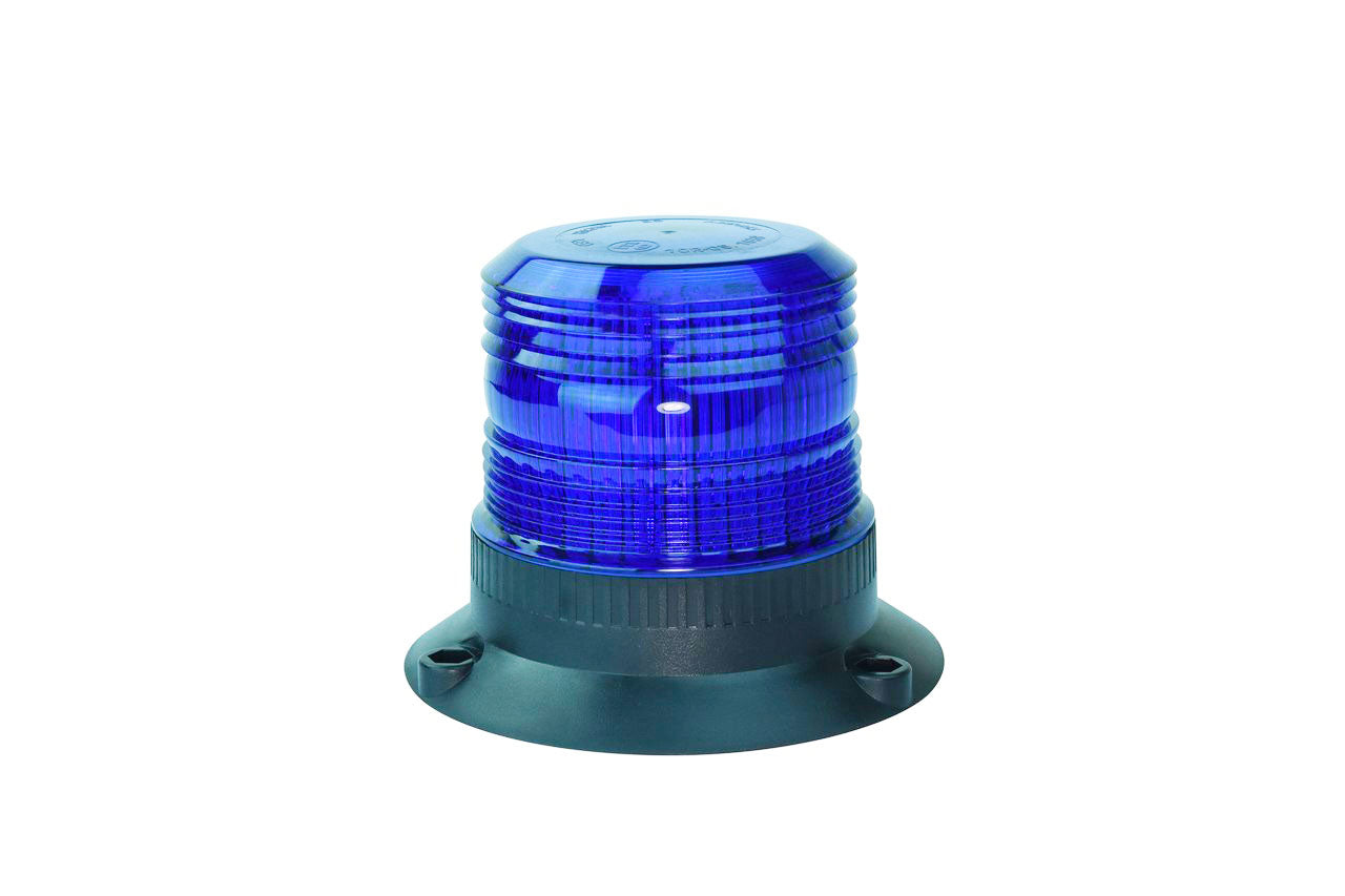 A large LED strobe light with a circular blue lens designed for industrial signaling with a black base.
