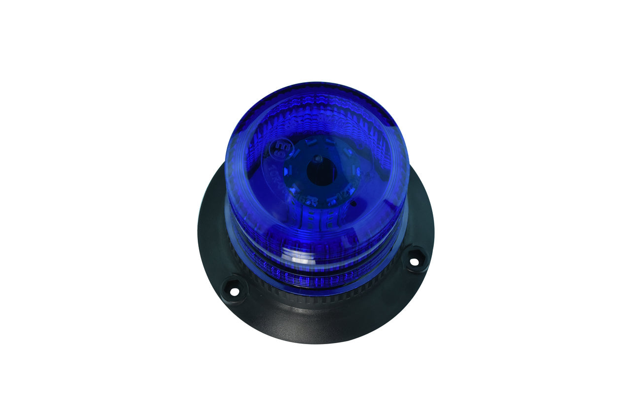 A large LED strobe light with a circular blue lens designed for industrial signaling with a black base.
