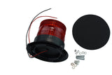 A large LED strobe light with a circular red lens designed for industrial signaling with a black base and mounting hardware on a white background.