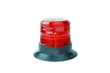 A large LED strobe light with a circular red lens designed for industrial signaling with a black base.