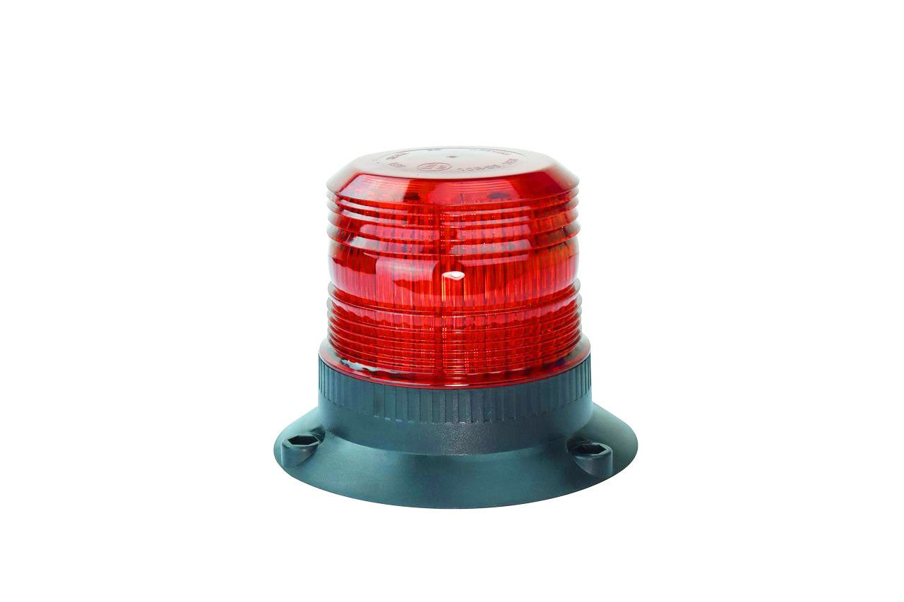 A large LED strobe light with a circular red lens designed for industrial signaling with a black base.
