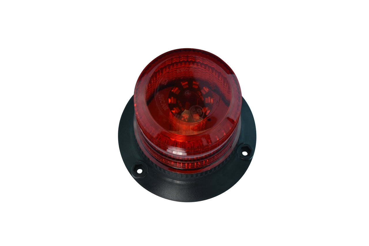A large LED strobe light with a circular red lens designed for industrial signaling with a black base.