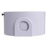 White plastic base with small black screw on left and circular indent on bottom middle on a white background.