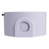 White plastic base with small black screw on left and circular indent on bottom middle on a white background.