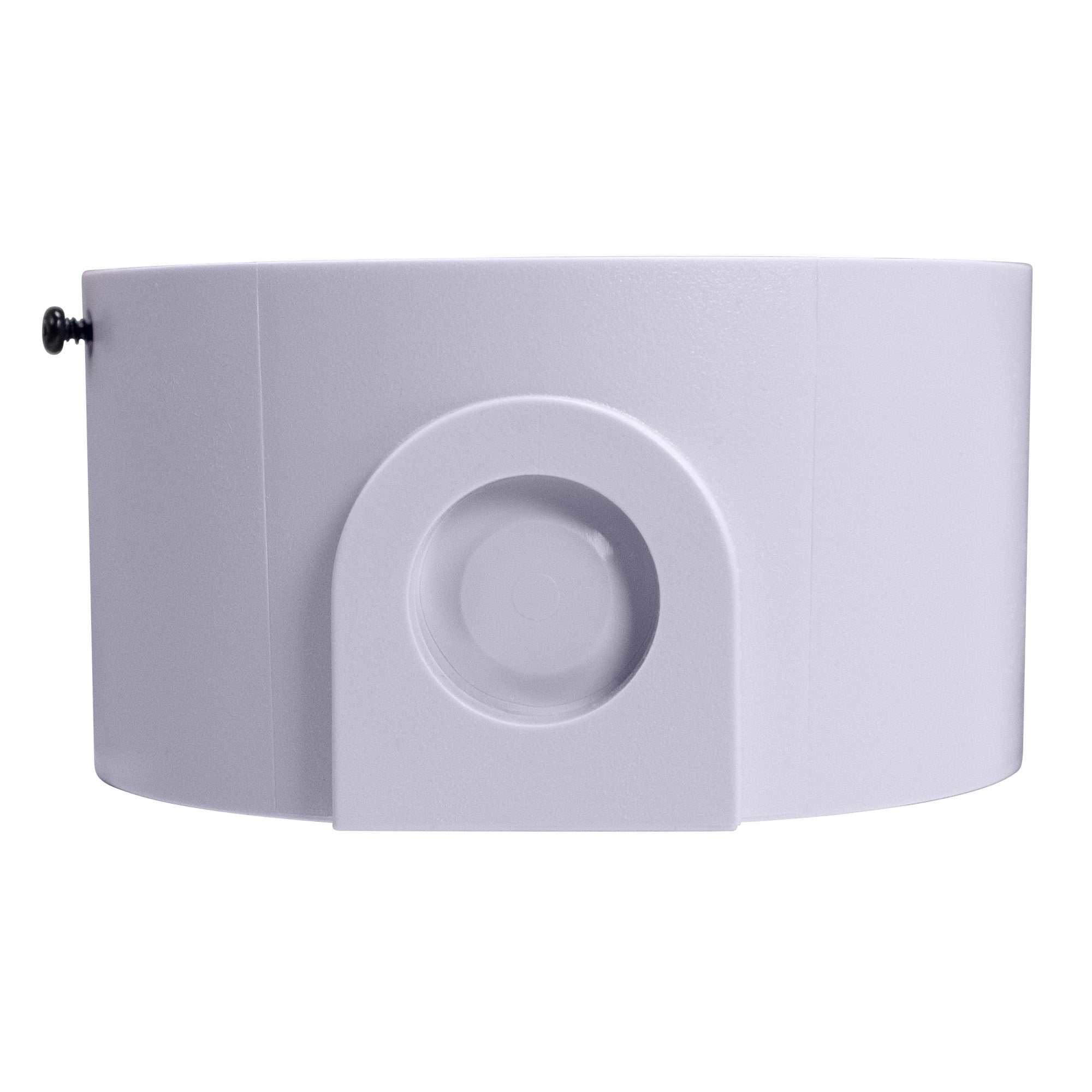 White plastic base with small black screw on left and circular indent on bottom middle on a white background.