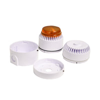 Set of white and components, one with an amber lens on a white background.