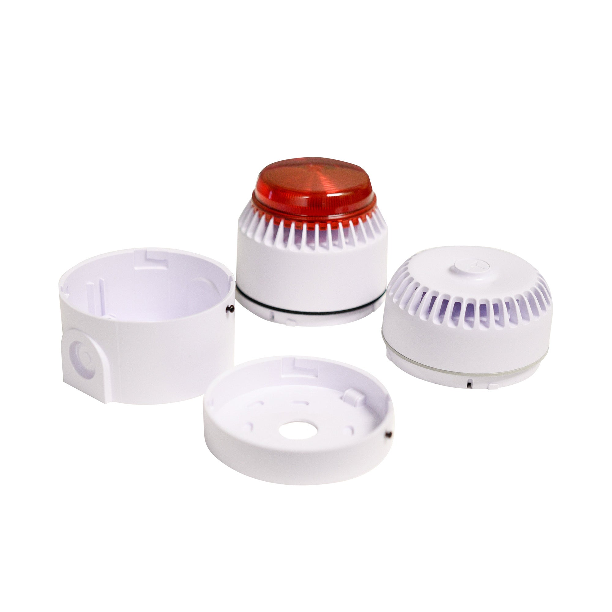 A set of three white audible alarm and strobe units with one having a red cover on top.