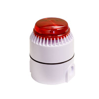 A set of three white audible alarm and strobe units with one having a red cover on top.