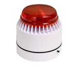 Compact audible alarm with red strobe atop a white base on a white background.