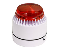 Compact audible alarm with red strobe atop a white base on a white background.