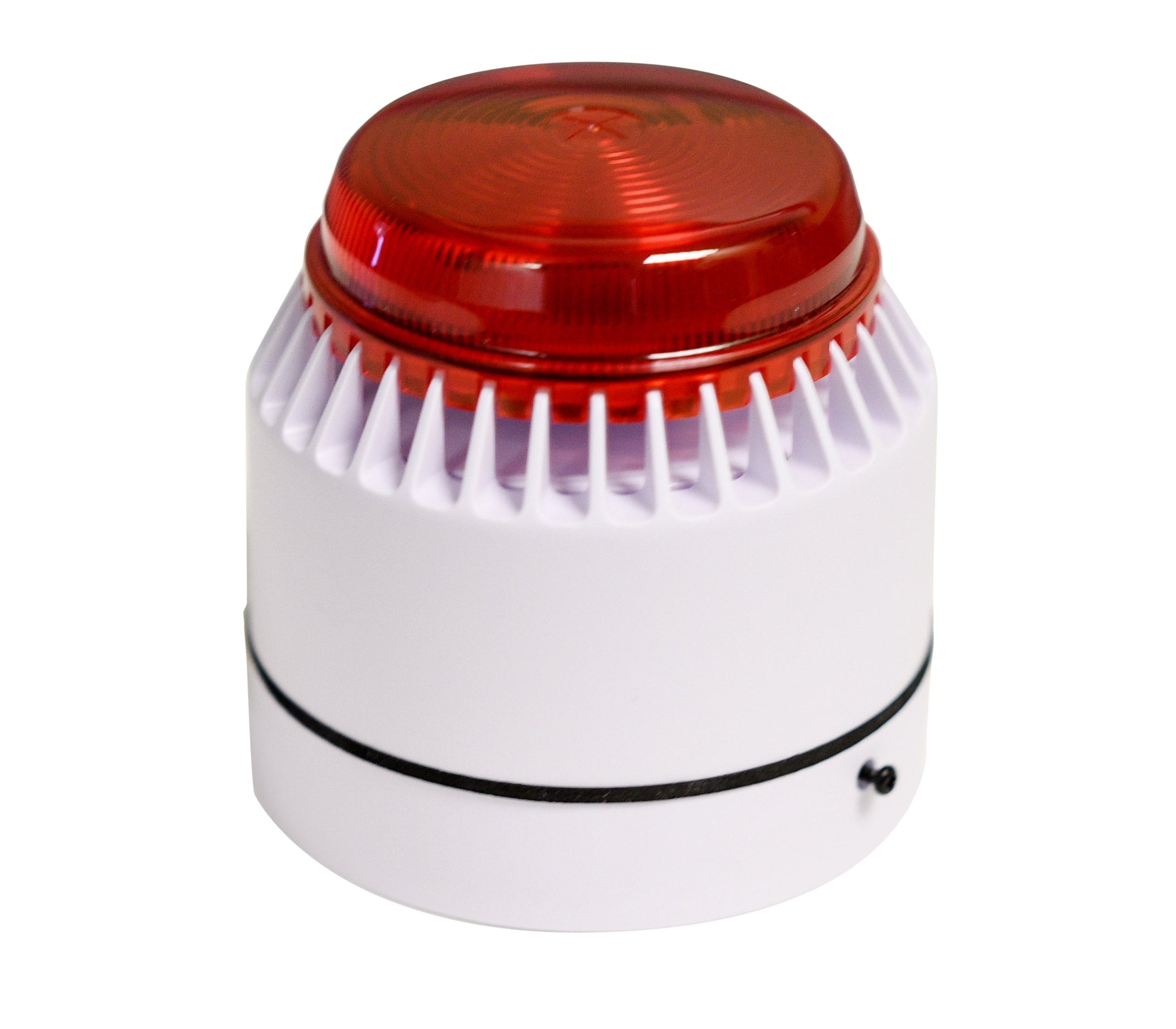 Compact audible alarm with red strobe atop a white base on a white background.