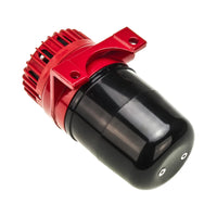 Black and red mechanical motorized alarm sounder on a white background.