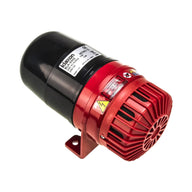 Black and red mechanical motorized alarm sounder on a white background.