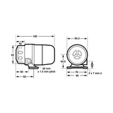 Black on white technical drawing of a mechanical component with dimensions labeled