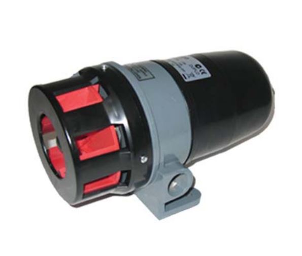 Mechanical motorized siren with red interior and black and gray exterior on a white background.