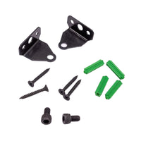 Set of black metal brackets and screws with green plastic washers on a white background