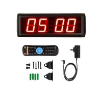 Digital display with remote control, power adapter, and mounting hardware on a white background