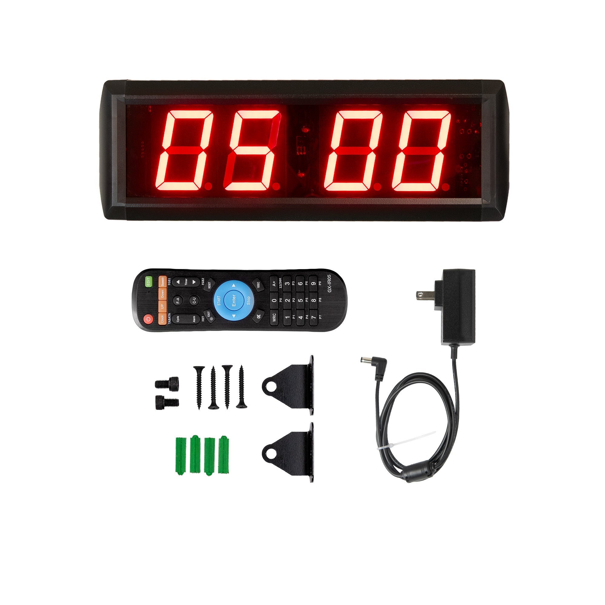 Digital display with remote control, power adapter, and mounting hardware on a white background
