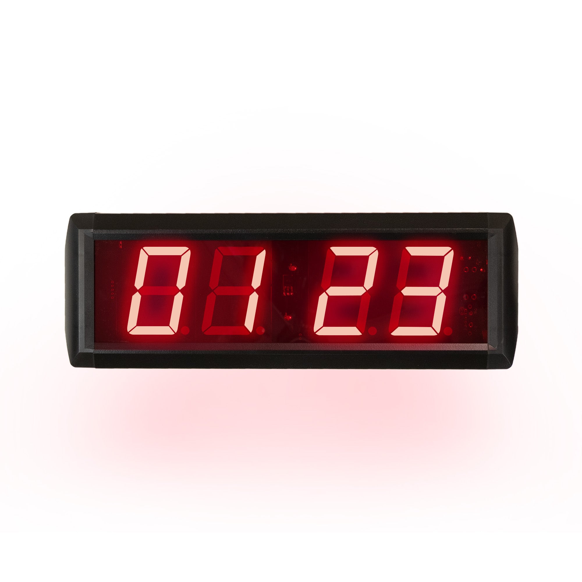 Digital clock with red LED display on a white background.