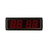 Digital clock with red LED display on a white background.