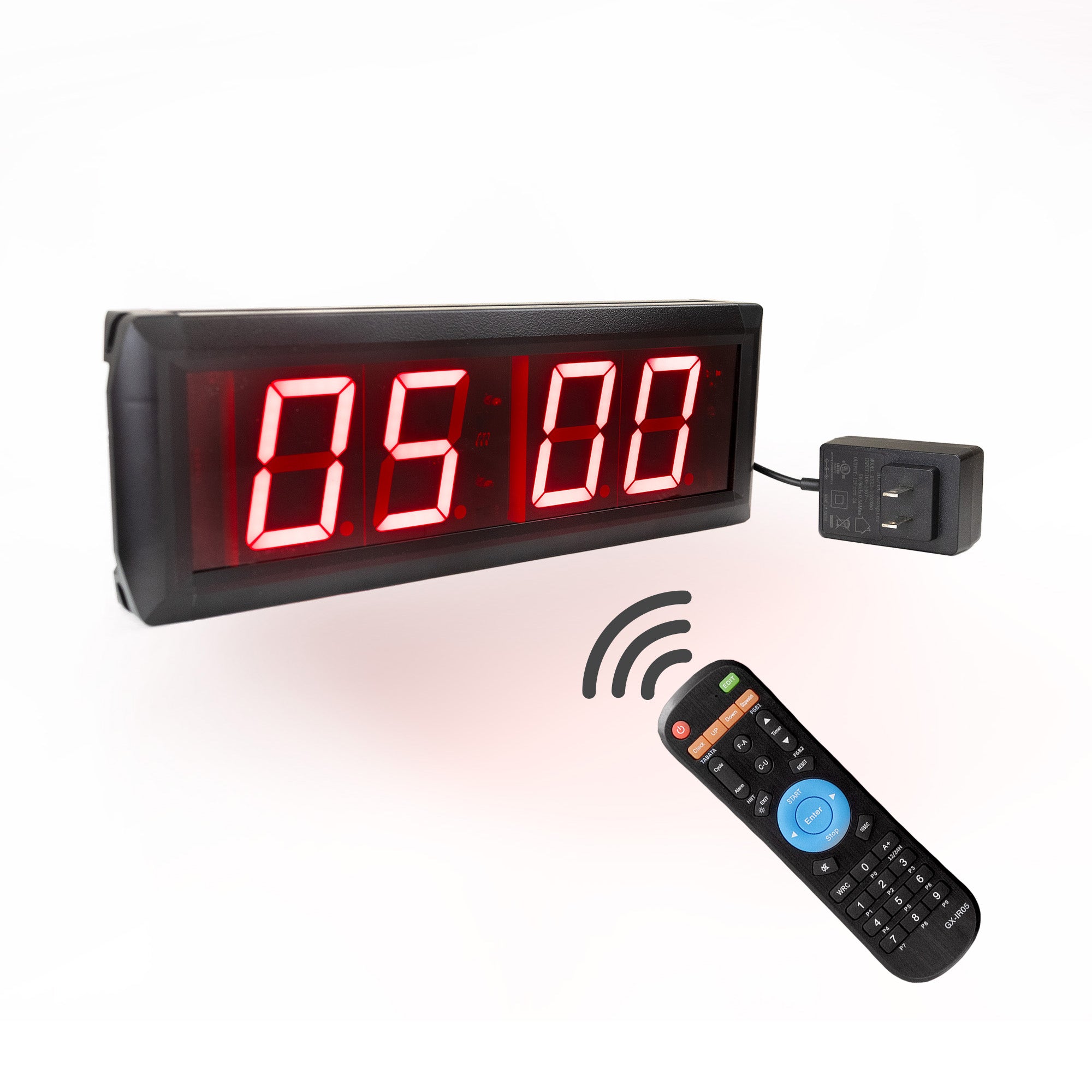 Digital timer with red  illuminated 2 inch LED display, remote control, and power adapter on a white background.