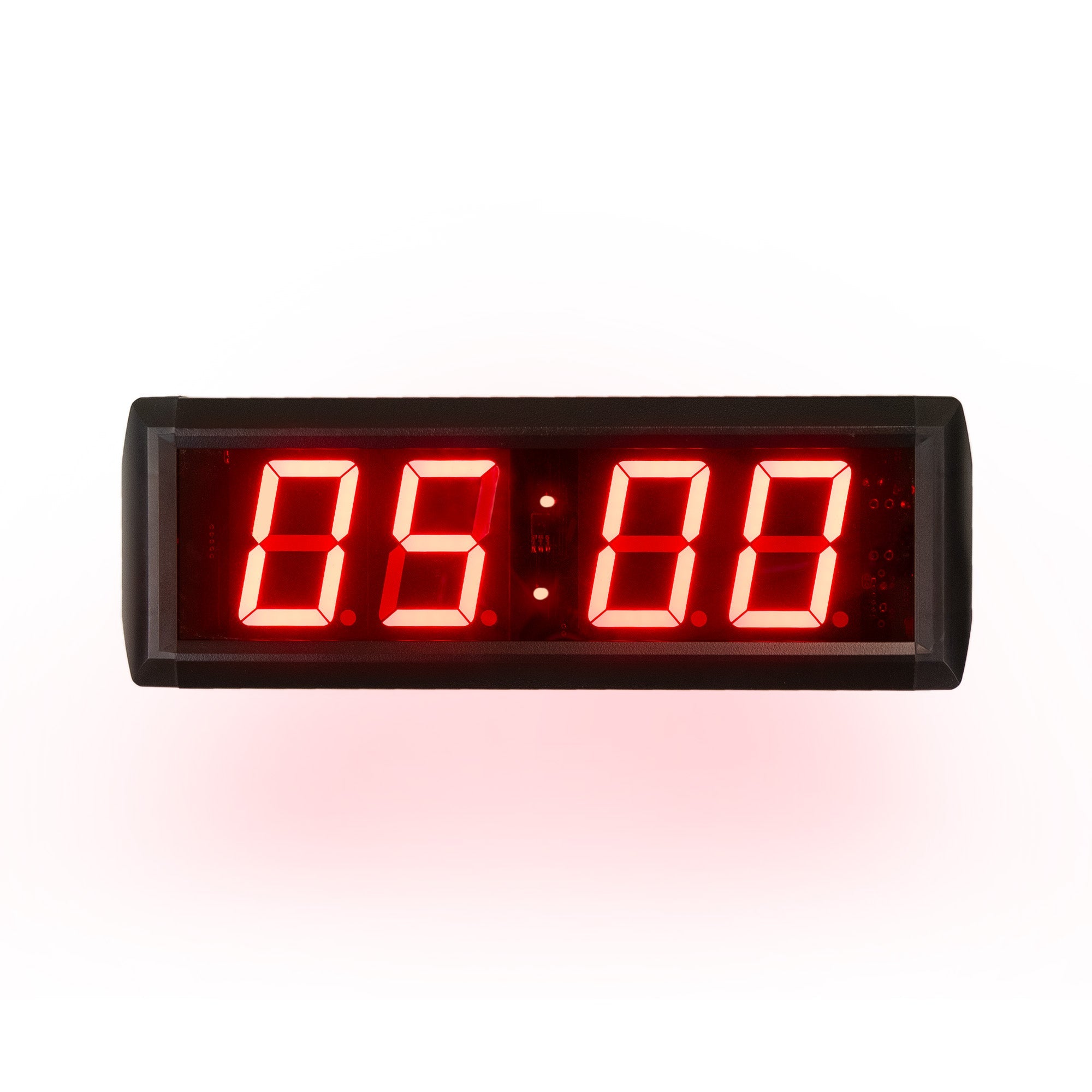 Digital clock with red LED display on a white background.