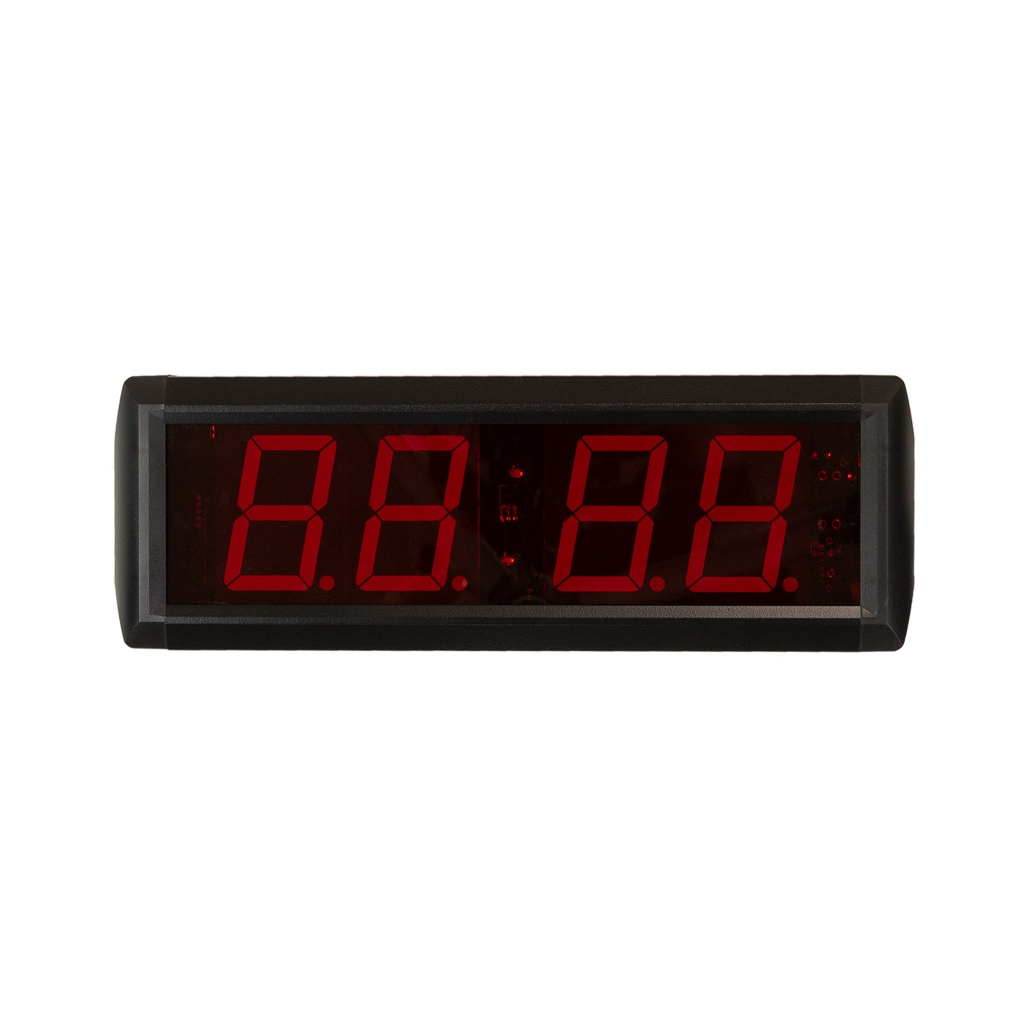 Digital clock with red LED display on a white background.