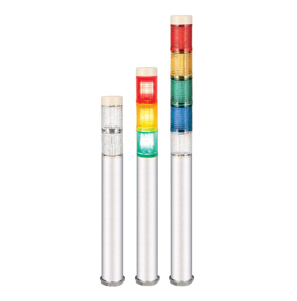 Monochrome and multicolor industrial signal light on a white background.