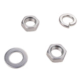 Quarter view of two nuts, a crush washer and standard washer on a white background.