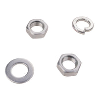 Quarter view of two nuts, a crush washer and standard washer on a white background.