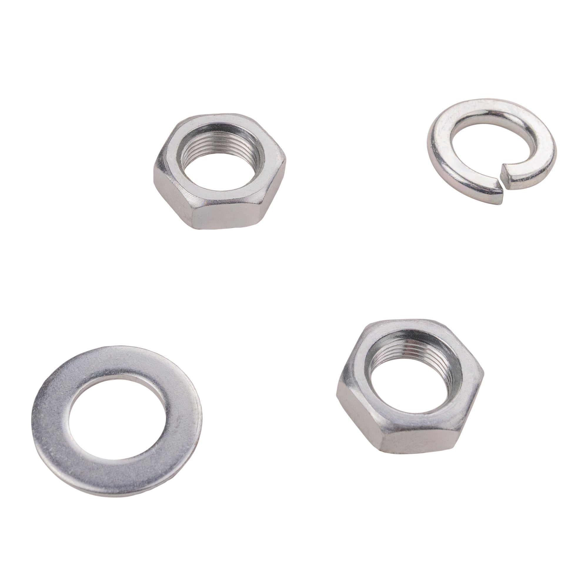 Quarter view of two nuts, a crush washer and standard washer on a white background.