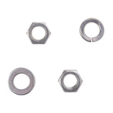 Top view of two nuts, a crush washer and standard washer on a white background.
