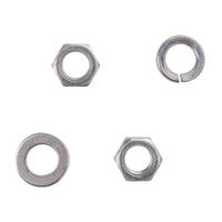 Top view of two nuts, a crush washer and standard washer on a white background.