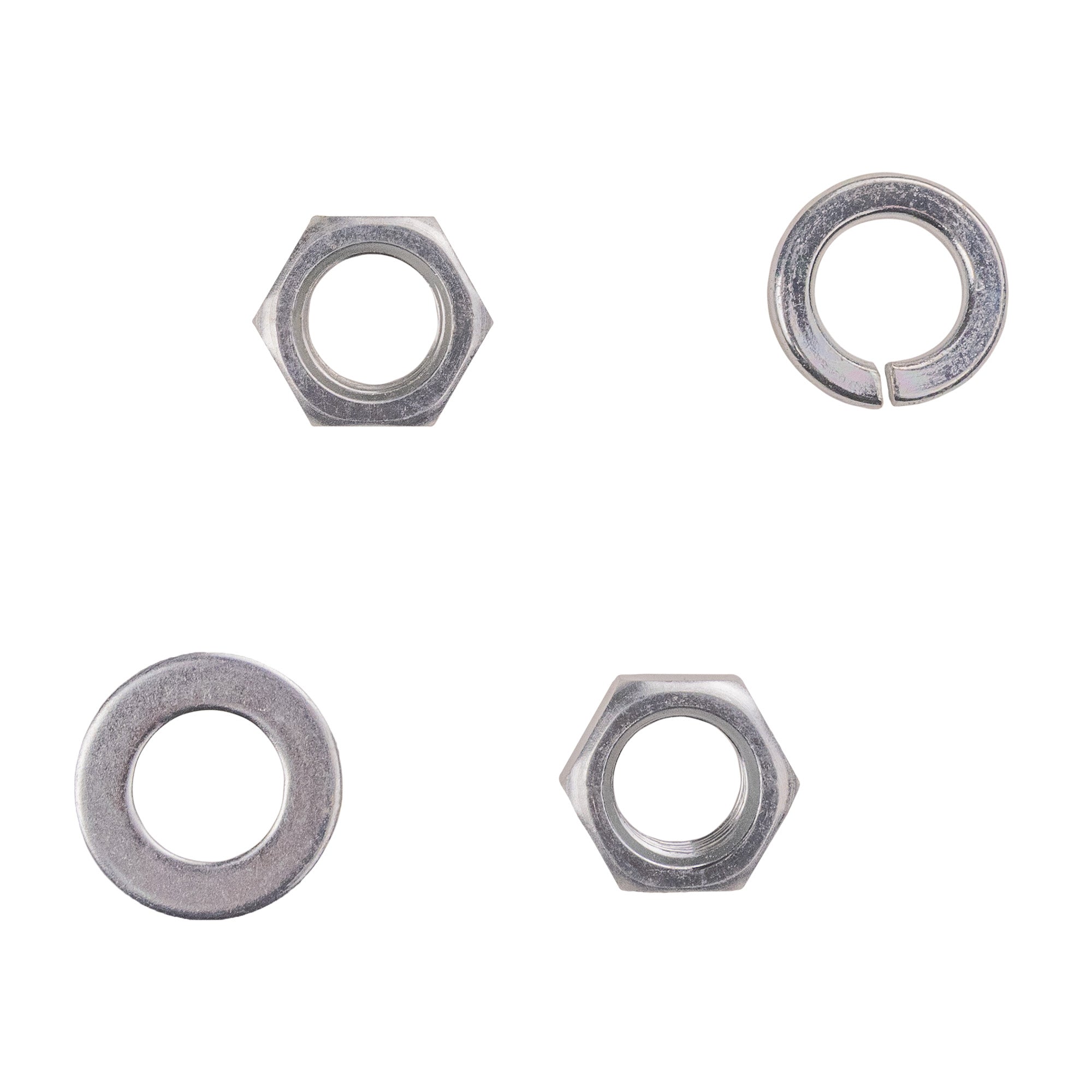 Top view of two nuts, a crush washer and standard washer on a white background.